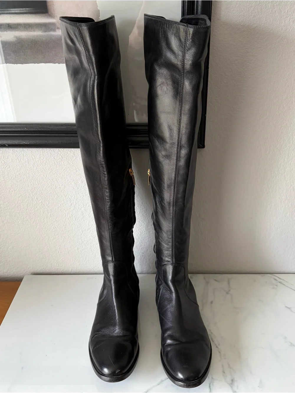 Sergio Rossi Black Leather Over the Knee Boots Side Zip Round Toe w7.5